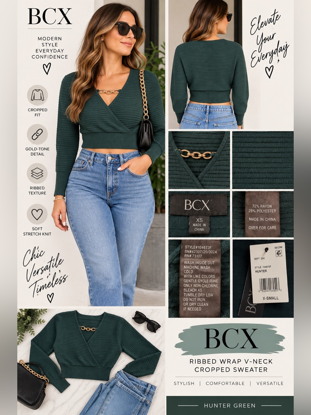 BCX Womens Hunter Green Ribbed Wrap V-Neck Cropped Sweater NEW XS